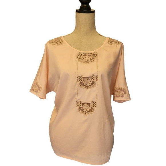 Comme Toi (Anthropologie) Short Sleeve Top with Cut-out Crochet Details in Peach - Picture 2 of 12